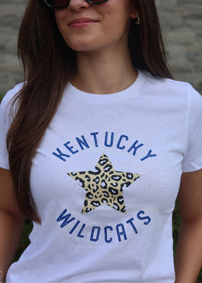Kentucky Wildcats Game Day Shirt Women's White Tee Blue Lettering Leopard Print Star Graphic Soft Cotton Fabric Comfortable Fit Perfect Fan Apparel UK Supporter Essential Casual Team Spirit Wear Trendy Animal Print Design Quality