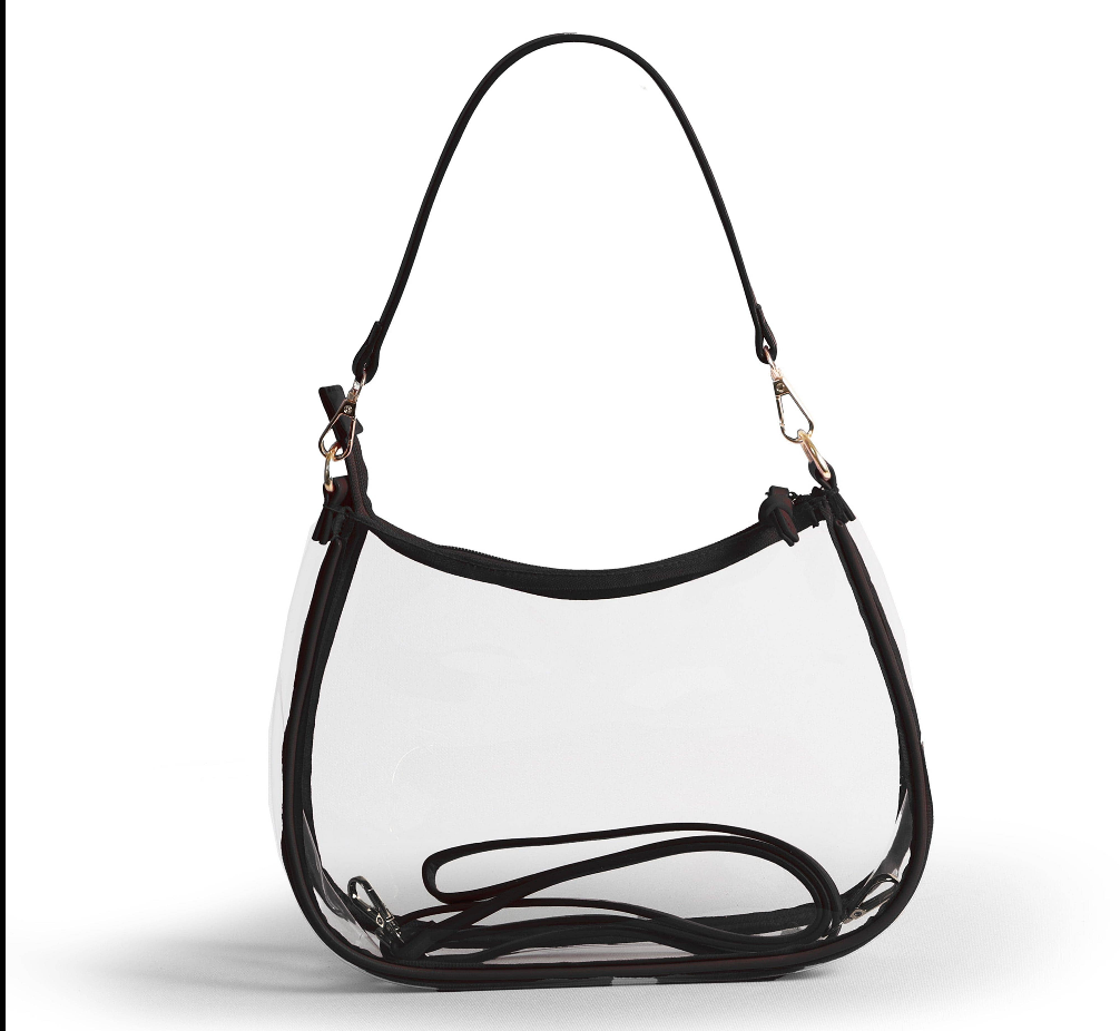Clear Stadium Bag NFL Approved Crossbody Design Game Day Essential Concert Venue Security Checkpoint Friendly Adjustable Shoulder Strap Detachable Option Black Trim Hobo Curved Shape Lightweight Construction Sports Events Policy Compliant