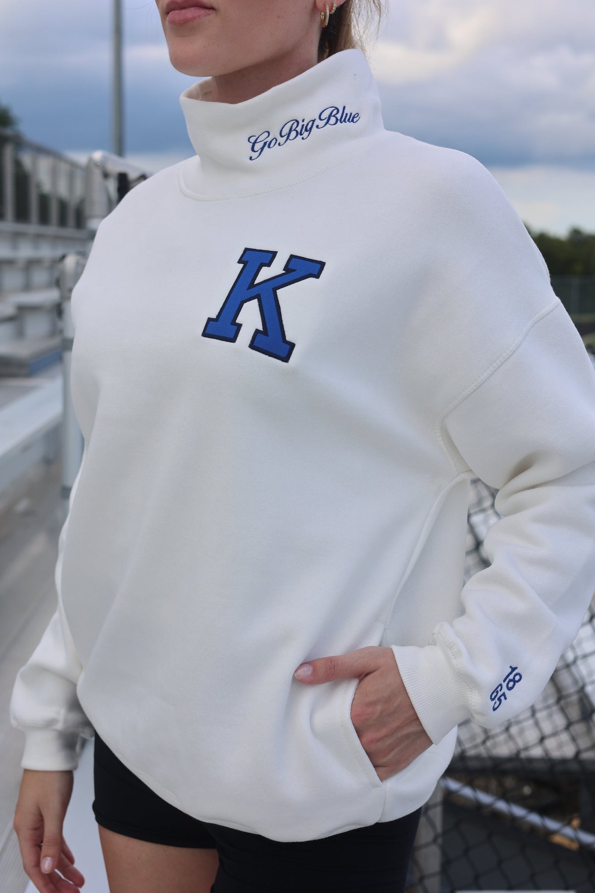 Go Big Blue Cream Embroidered Mockneck