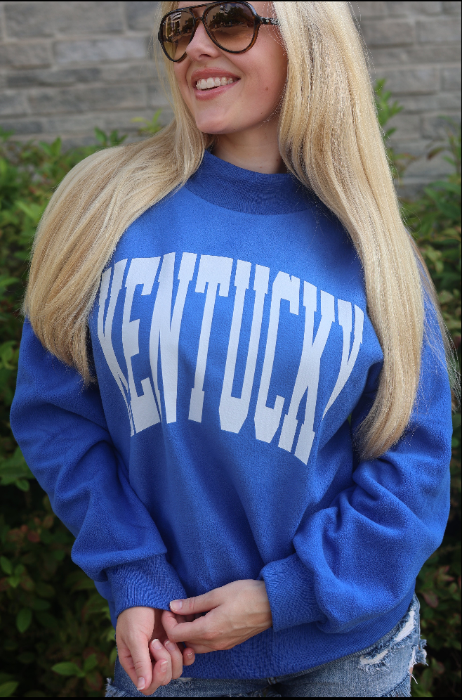 Kentucky Wildcats Reversible Sweatshirt Royal Blue Crewneck With White Arched Lettering Oversized Fit College Game Day Essential Ribbed Cuffs And Hem Polyester Cotton Blend Comfortable Team Spirit Wear Dual Design Wildcat Print Perfect Fan