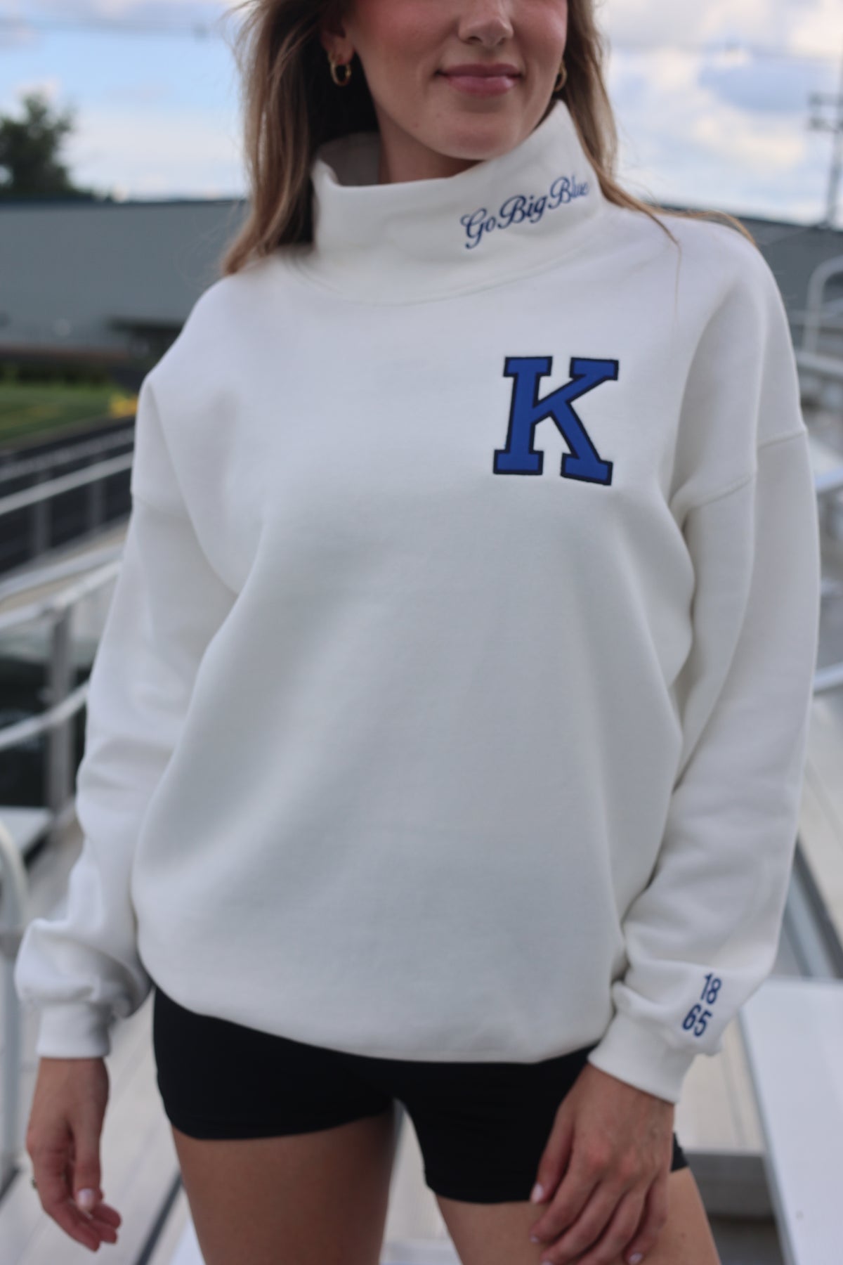 Go Big Blue Cream Embroidered Mockneck