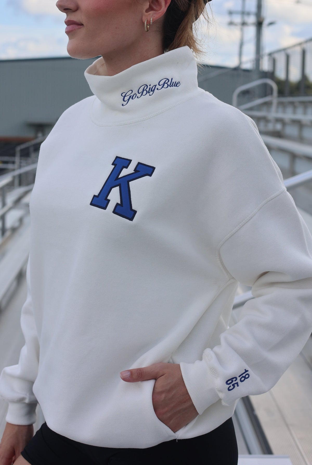 Go Big Blue Cream Embroidered Mockneck