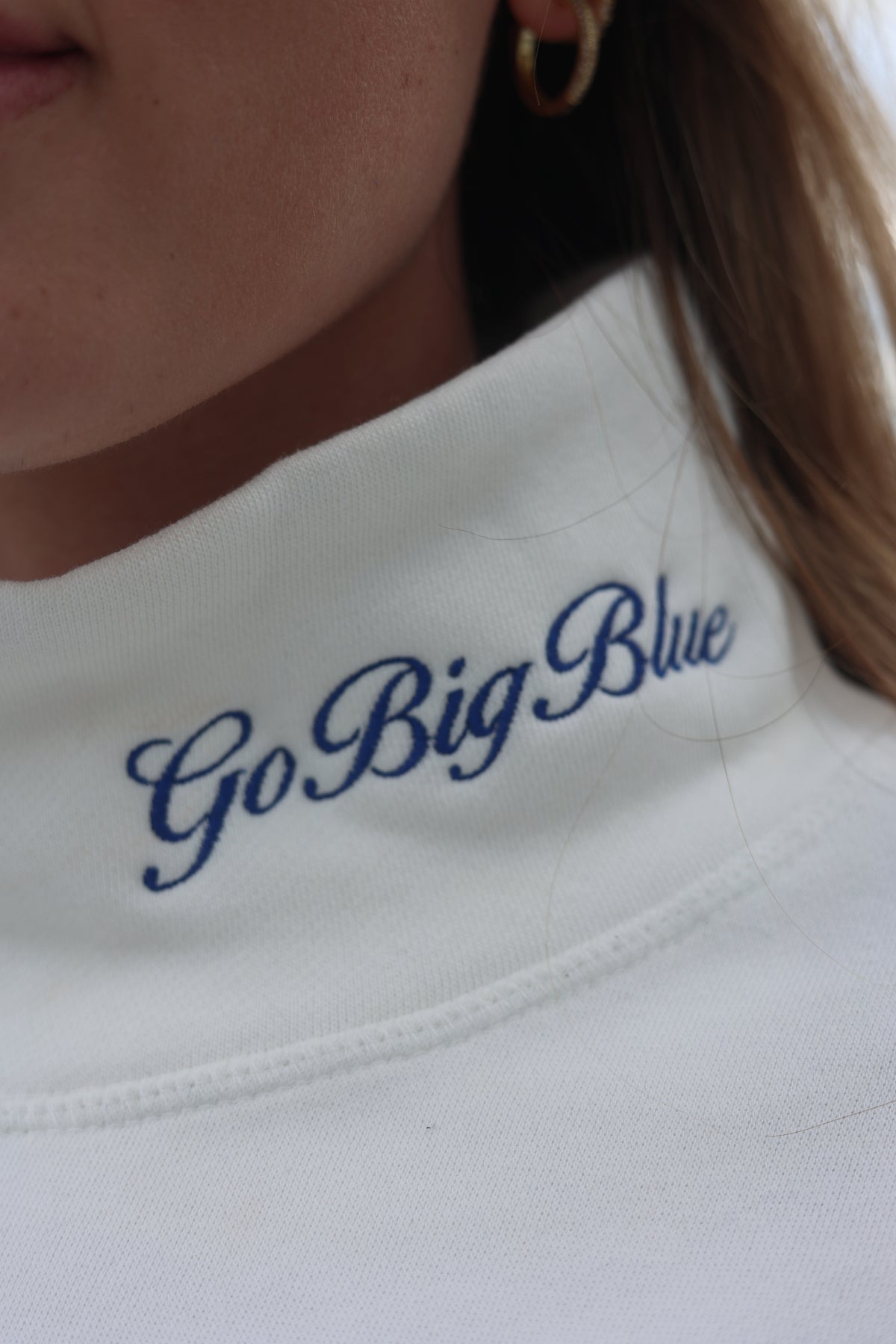Go Big Blue Cream Embroidered Mockneck
