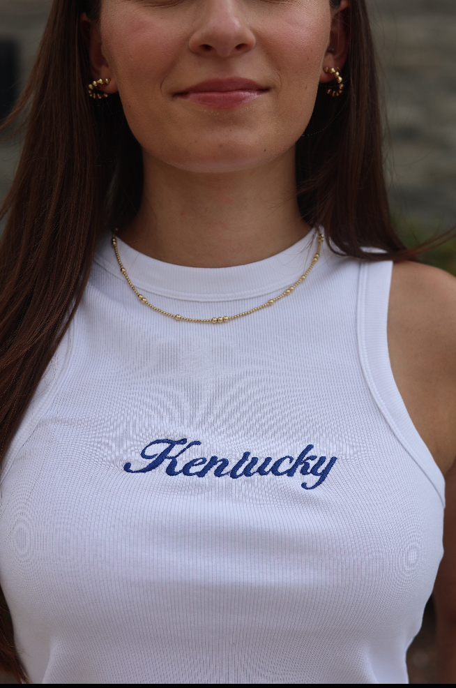 Kentucky Tank Top High Neck Ribbed Design White Cotton Spandex Blend Game Day Shirt Blue Script Embroidery Sleeveless Athletic Fit College Football Essential Shaped Silhouette Stretch Fabric Construction Wildcats Spirit Wear Casual Tailgate